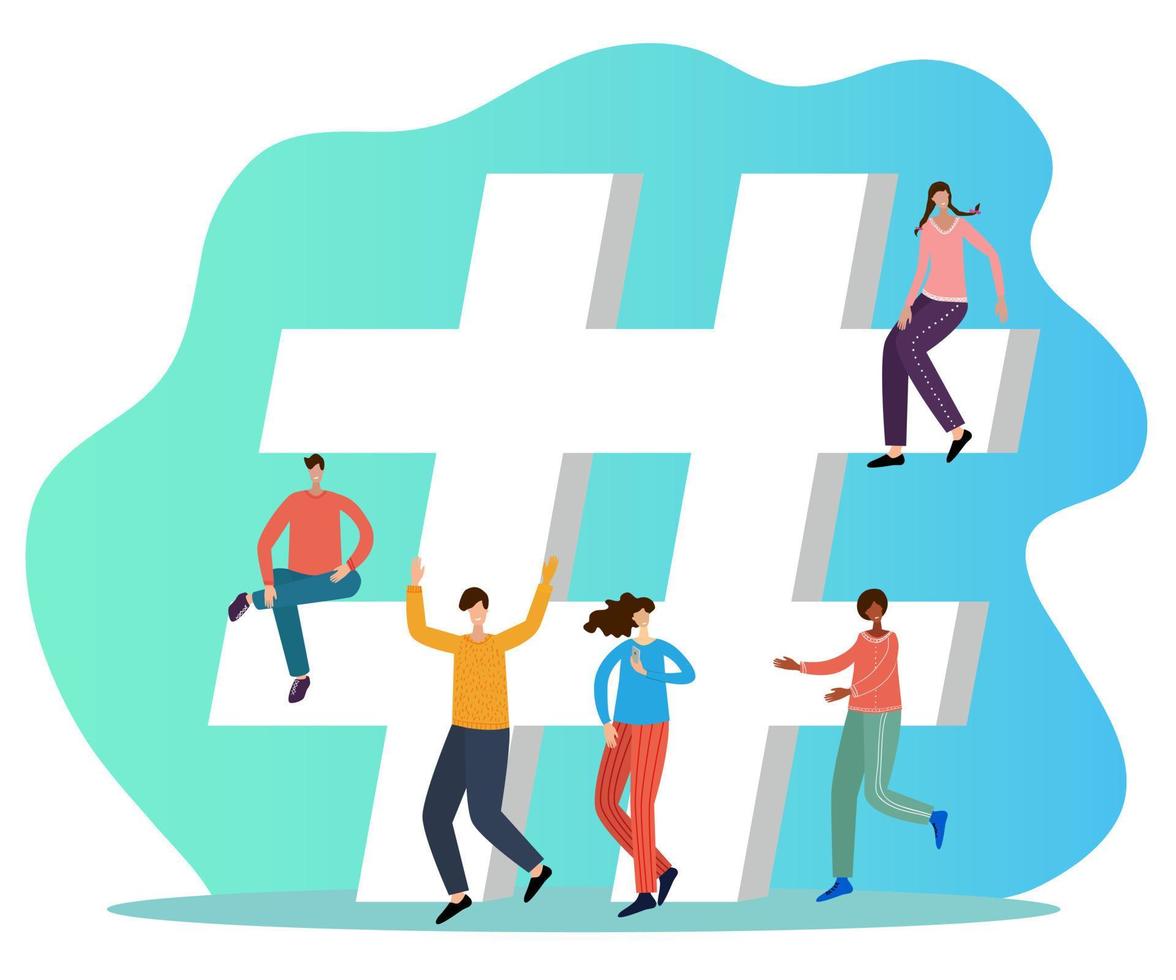 Vector illustration.Flat design of people working together using the hashtag symbol.