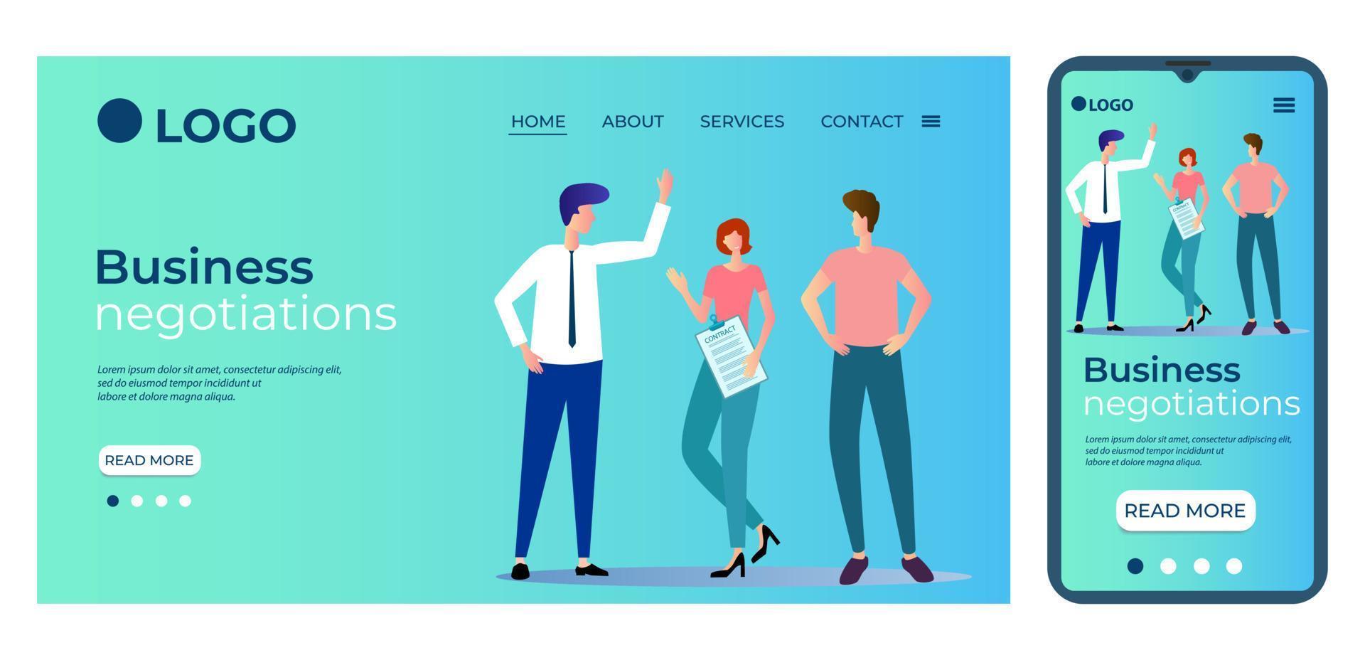 Business negotiations.Template for the user interface of the website's home page.Landing page template.The adaptive design of the smartphone.vector illustration. vector