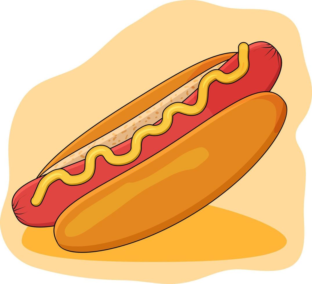 Hot dog with sausage sauce and mustard.Vector colorful illustration in the style of hand drawing. vector