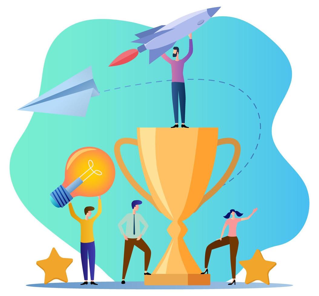 Team success, brainstorming.Teamwork, the Cup symbolizes the success of new ideas.For a website, web banner.Flat vector illustration.