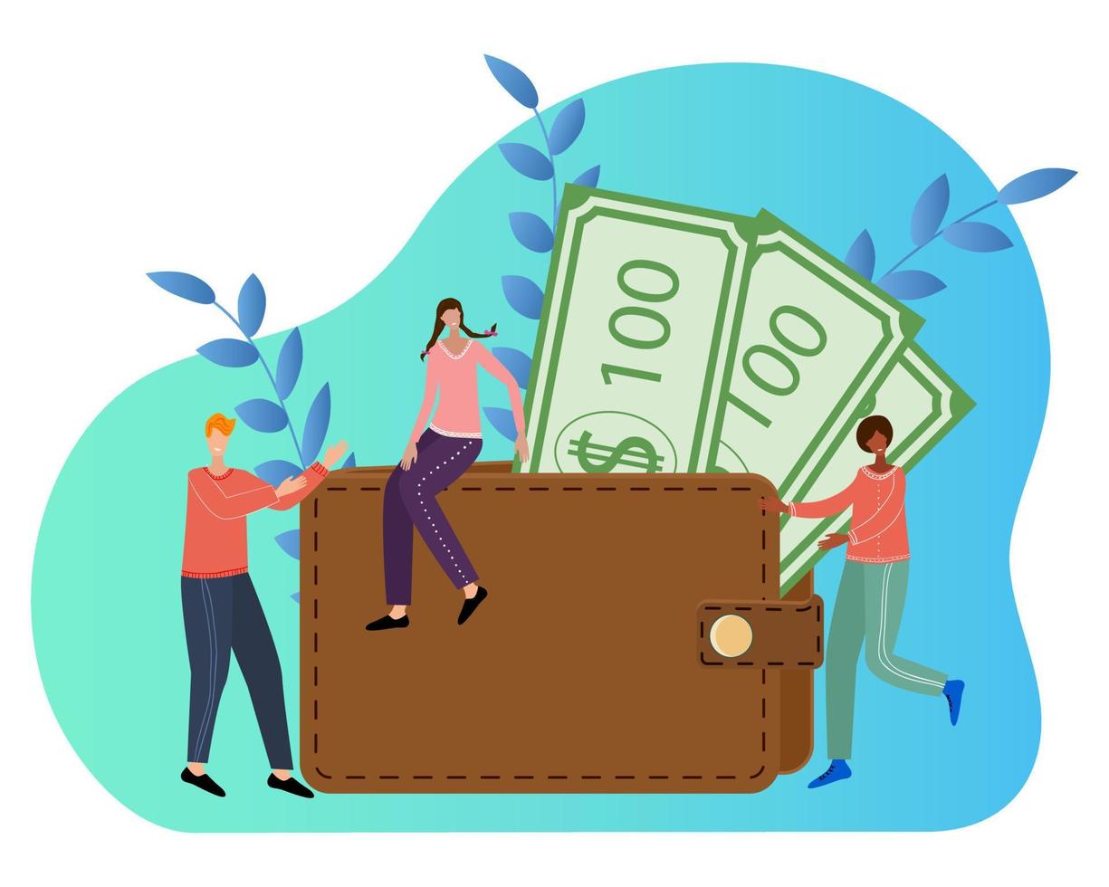 Flat vector illustration.People near the wallet with cash.The concept of profit, wages and dividends.You can use it for a poster, banner, or web site.