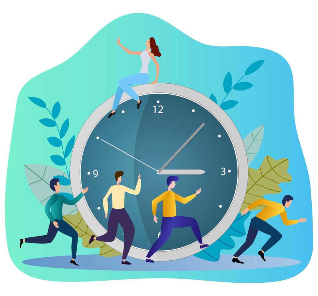 Flat vector illustration.People are running near the big clock.The concept of workflow management, people are in a hurry to get everything done and save time.