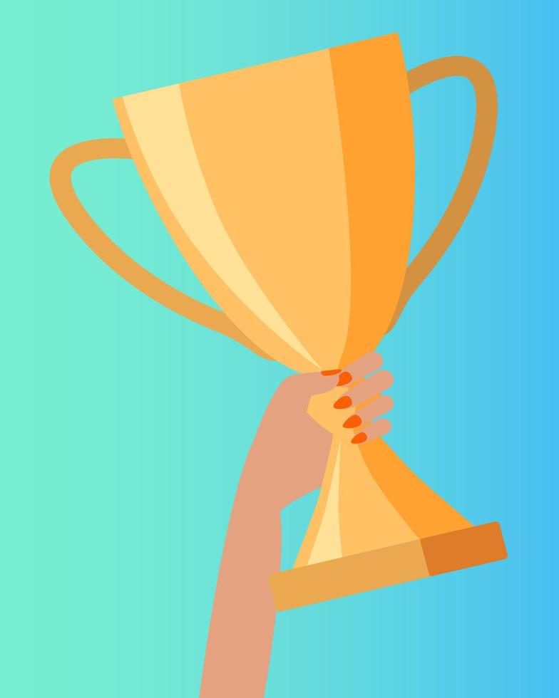 Flat vector illustration.The winner's Cup in his hand.The concept of winning in business or in sports.Can be used for banner or poster design.