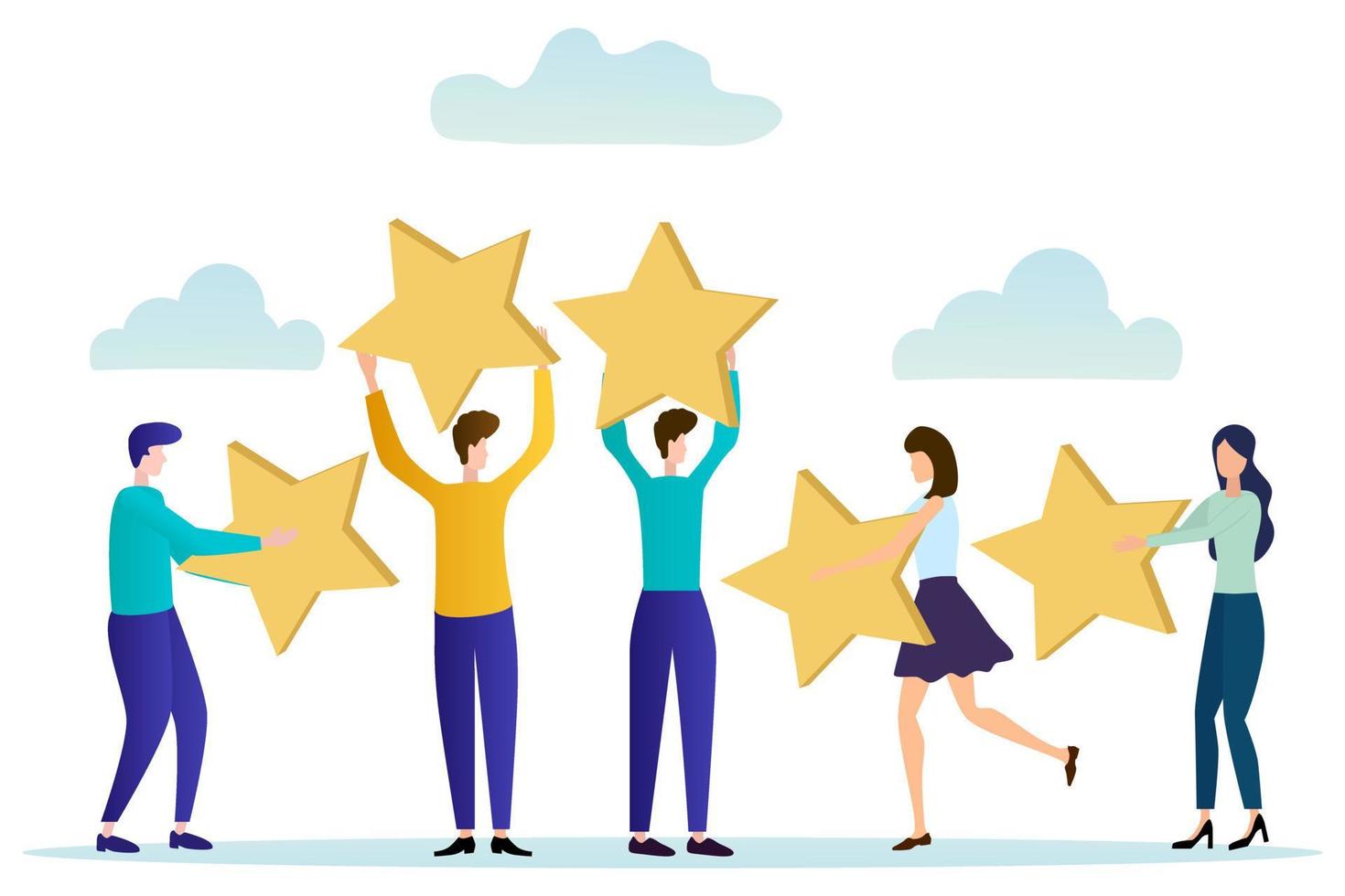 Vector illustration.People hold stars in their hands.Customer feedback concept for evaluating performance.