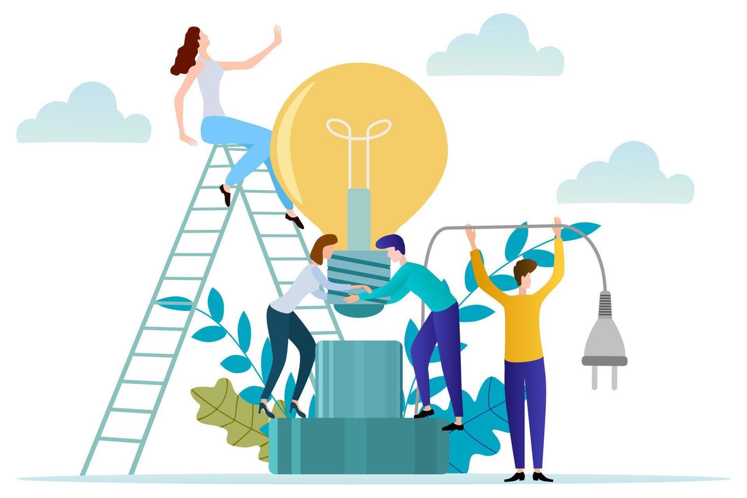 Vector illustration.People install a light bulb.The concept of joint search for ideas.