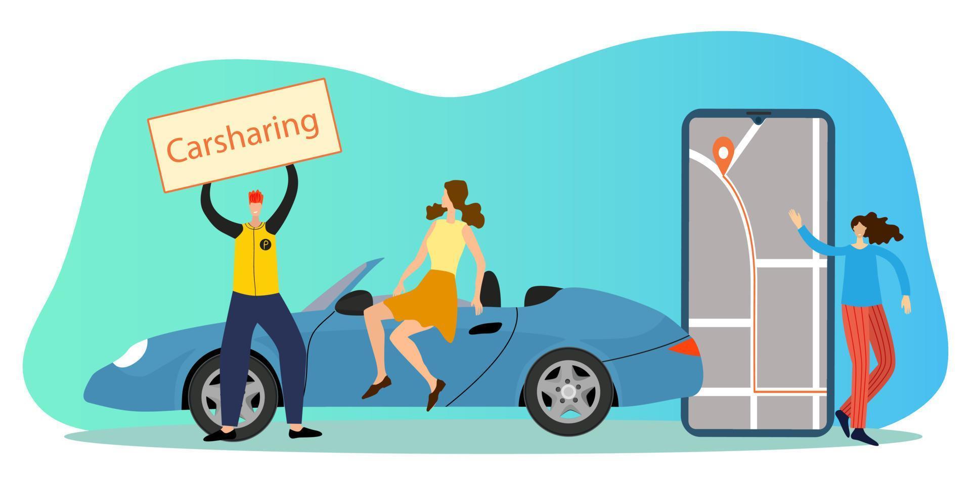 Flat vector illustration.People advertise the carsharing service.The concept of online car rental can be used for posters, banners and web sites.