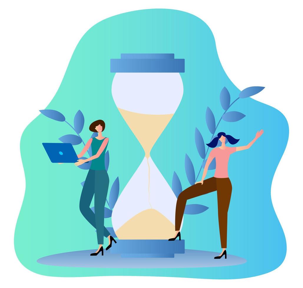 personas que administran el tiempo. El reloj de arena es un símbolo de la gestión del tiempo, la organización del proceso. Ilustración de vector plano.