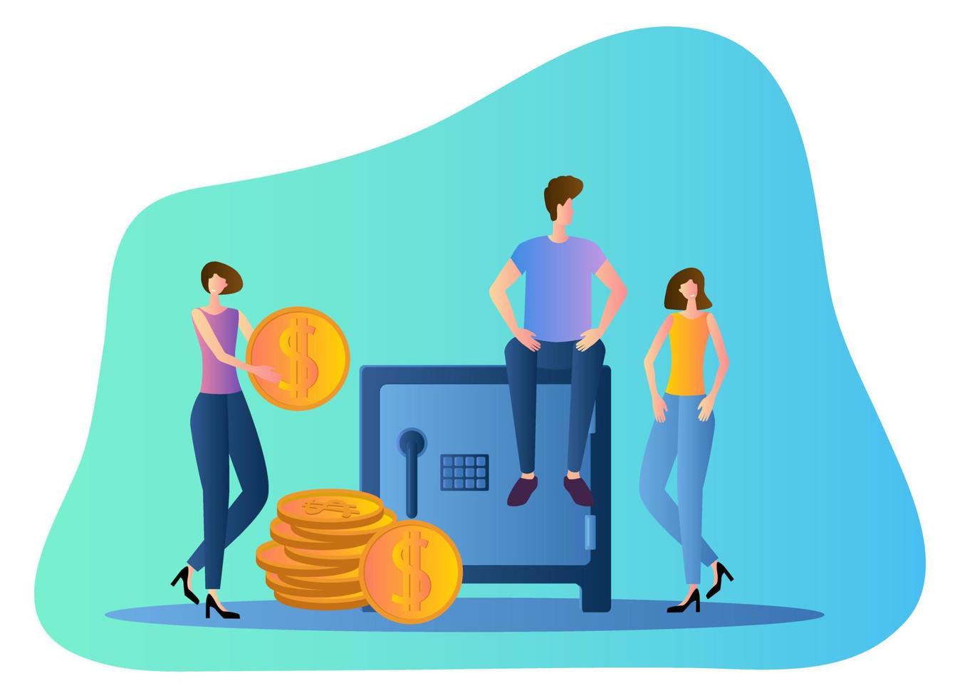 People, safe, and coins.Saving money, protecting your Deposit, and making safe financial transactions.Vector illustration. vector
