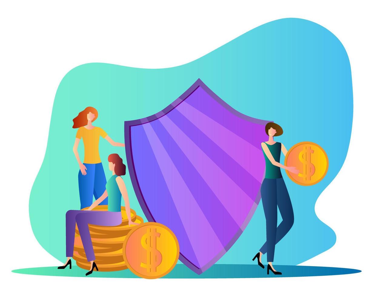 People stand near the coins and shield.Protection of money, protection of banking operations.Flat vector illustration.