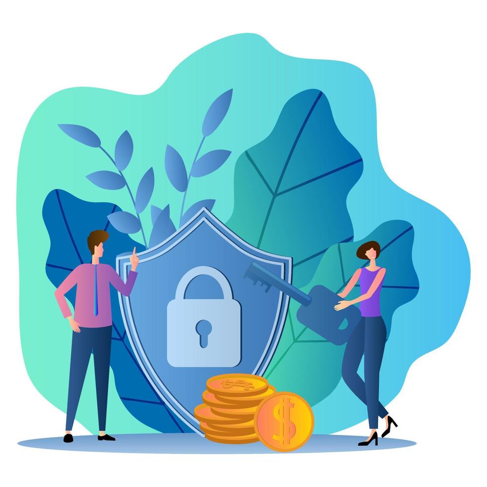 Protection of Bank deposits.People stand near the shield with the emblem of protection.Flat vector illustration in a modern style.