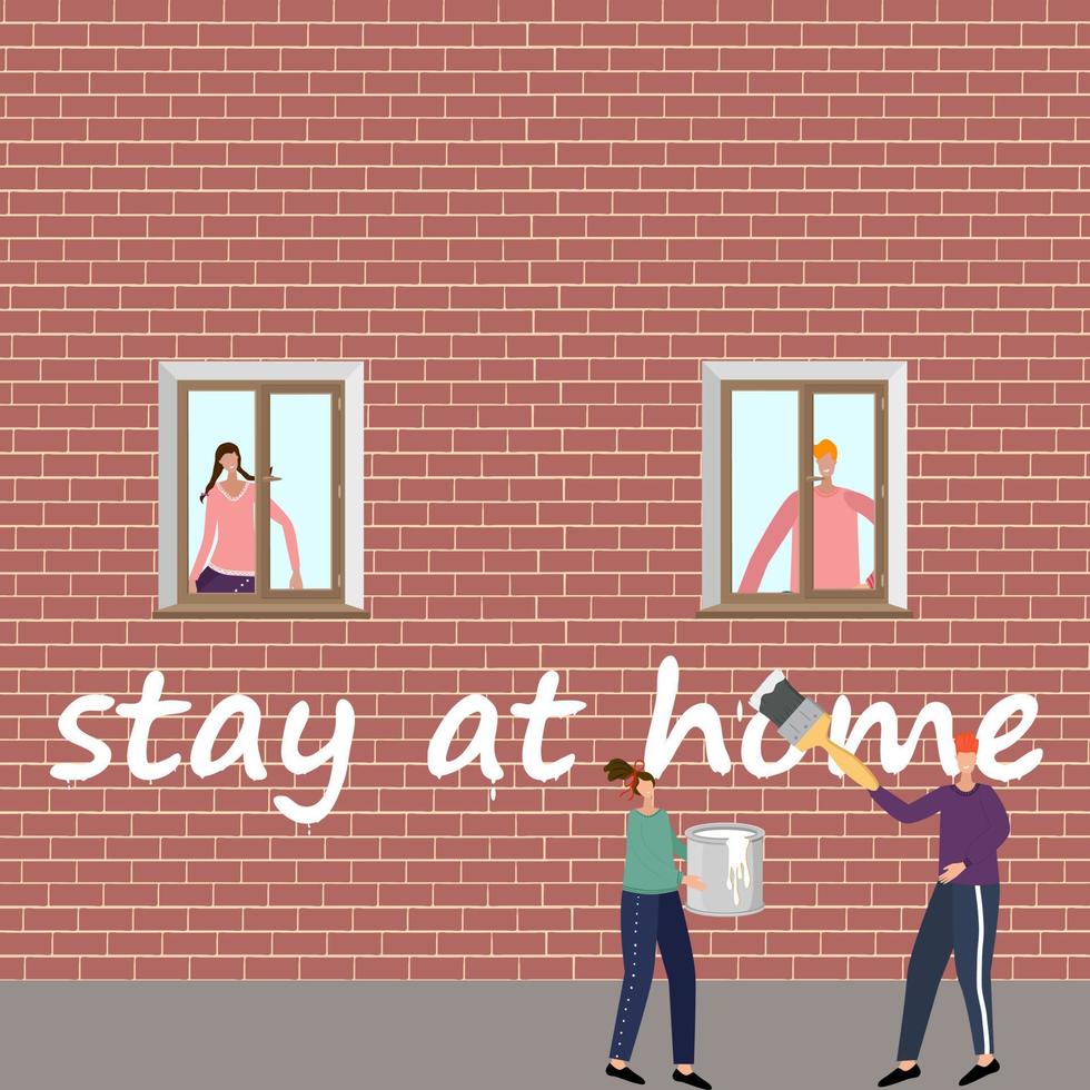 Stay at home.People paint on the wall a call to stay at home a call to stay at home.Flat vector illustration.