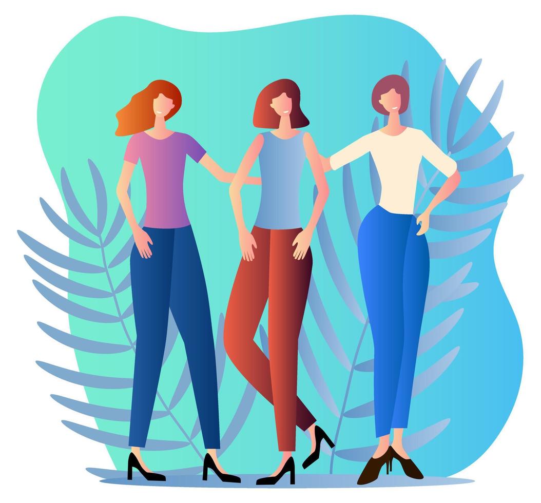 Three friends.Young girls hug each other.Friendship, care, affection.Flat vector illustration.