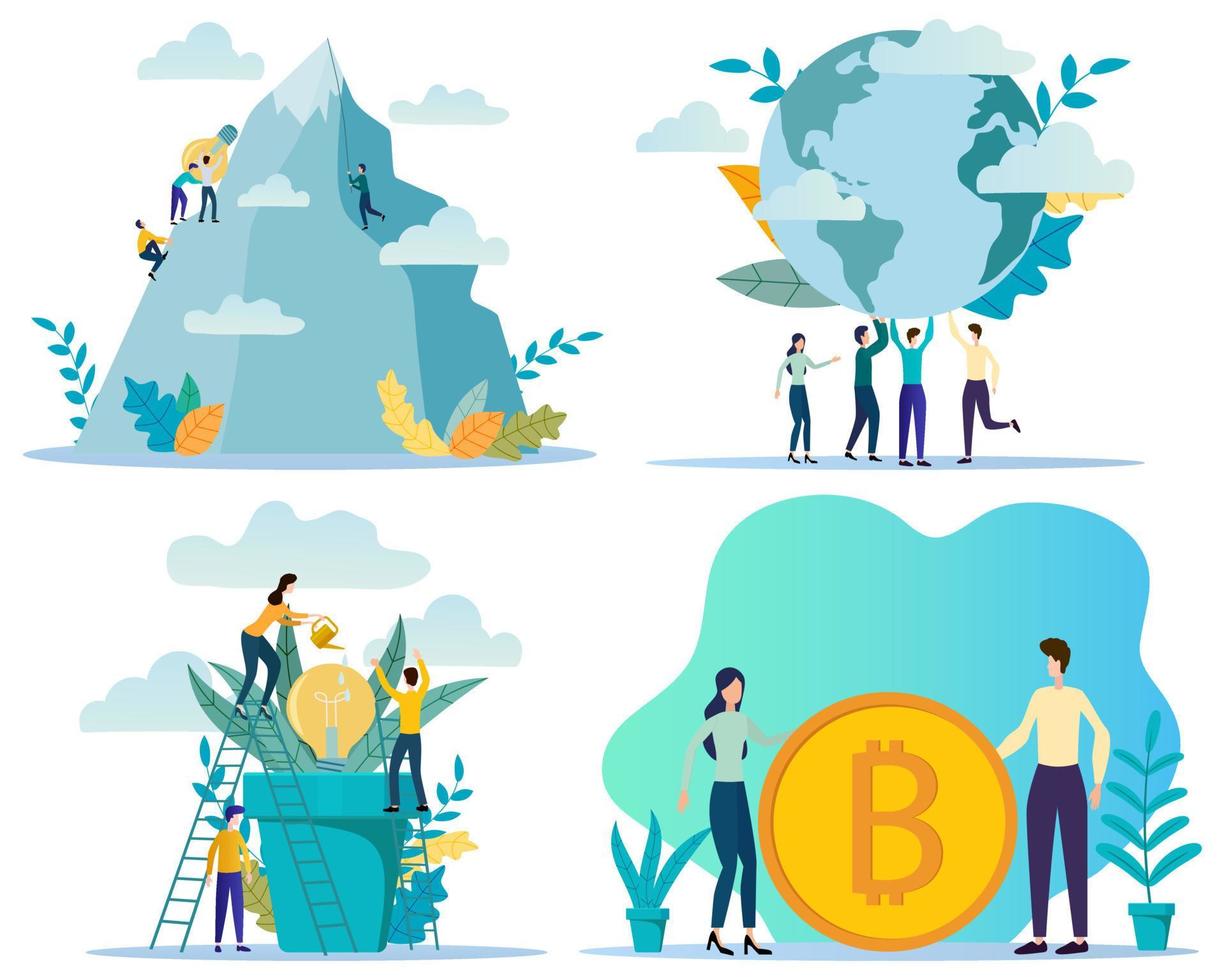 Startup, planet protection, business incubator, investment in bitcoin.A set of illustrations for the design.flat vector illustration.