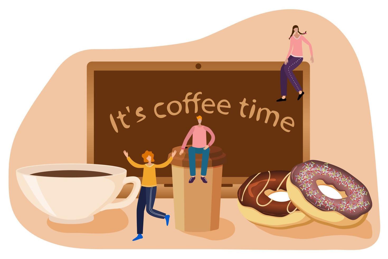 Flat vector illustration.Office workers near the laptop enjoy a coffee break.The concept of coffee time.On the laptop screen, it's coffee time.