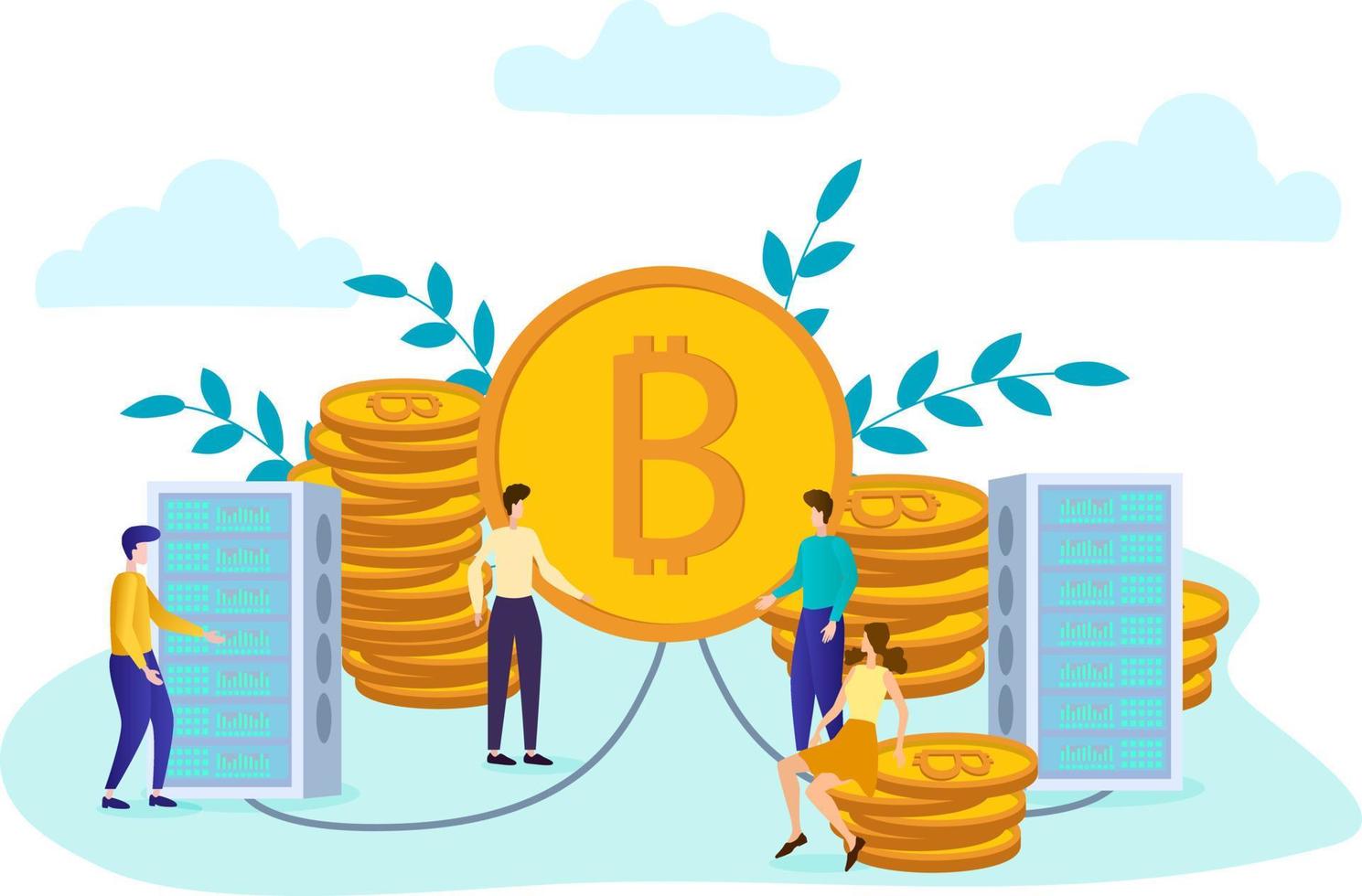 Vector illustration.People mine bitcoins.Concept of cryptocurrency mining.