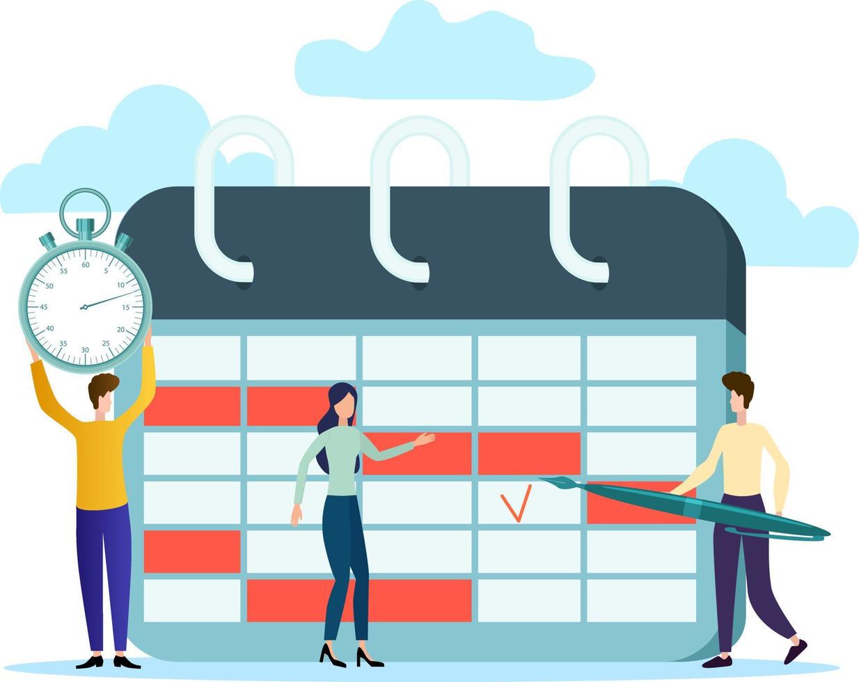 Vector illustration.Businessmen use a calendar and clock to plan their work.Business planning concept for event scheduling.