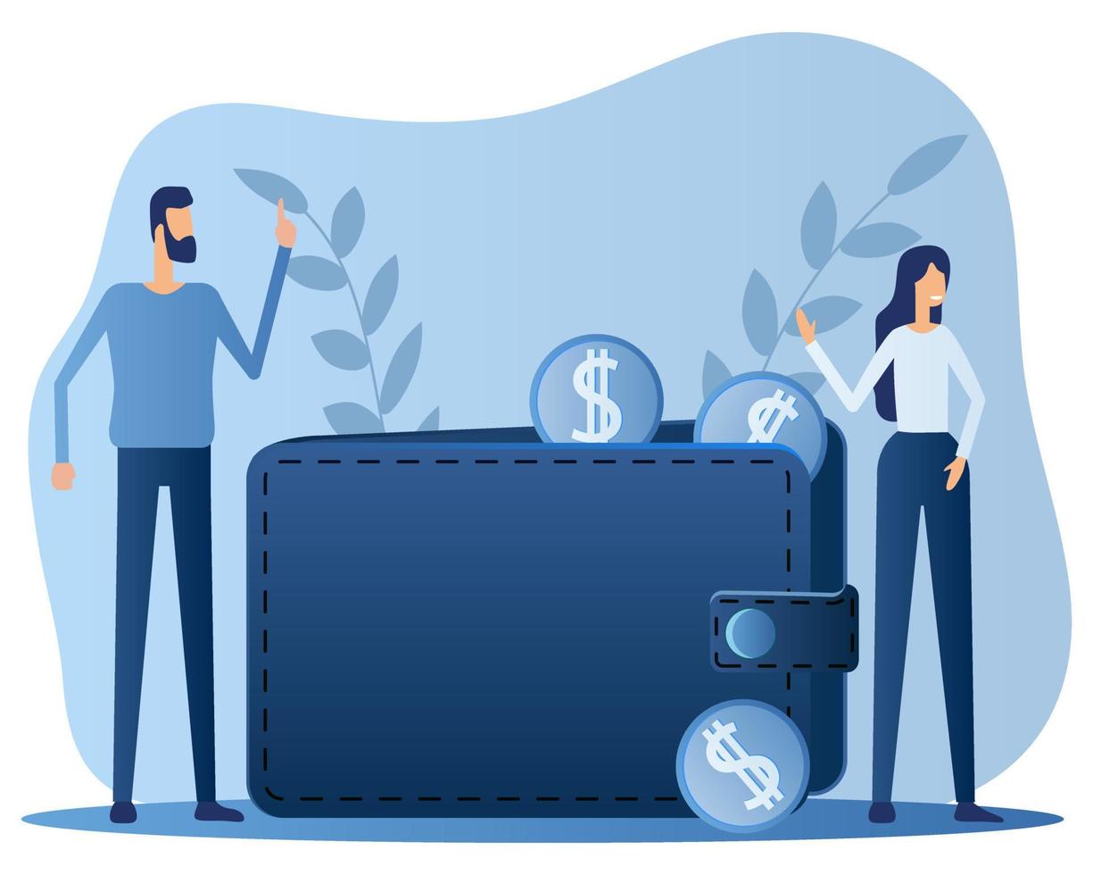 A large wallet, coins and people.People stand next to the wallet. The concept of income and investment.Flat vector illustration.