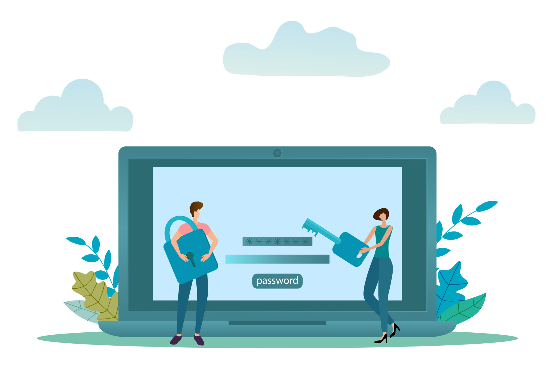 Computer security.People with a key and lock near the computer with the