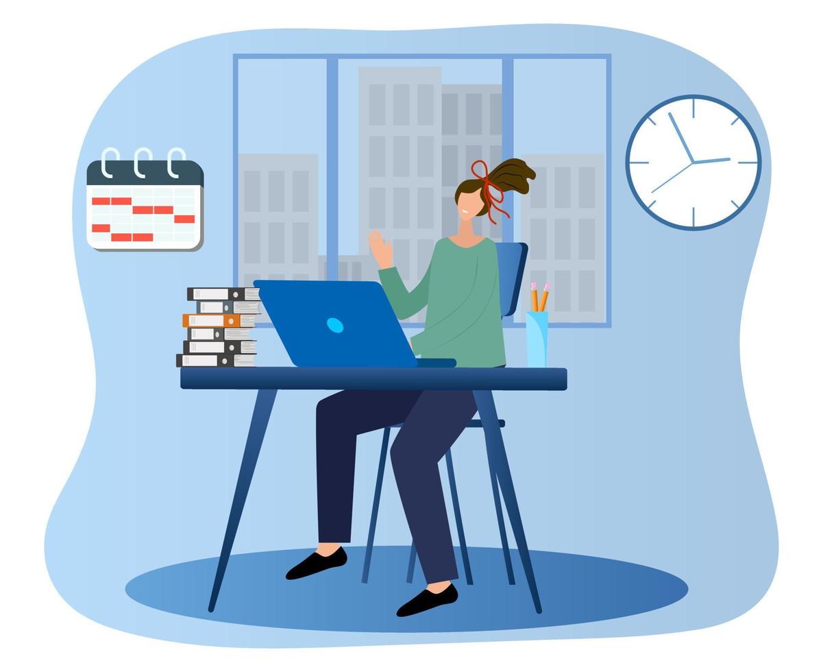 The Manager is at work. A female businessman at a Desk working on a laptop.Flat vector illustration.