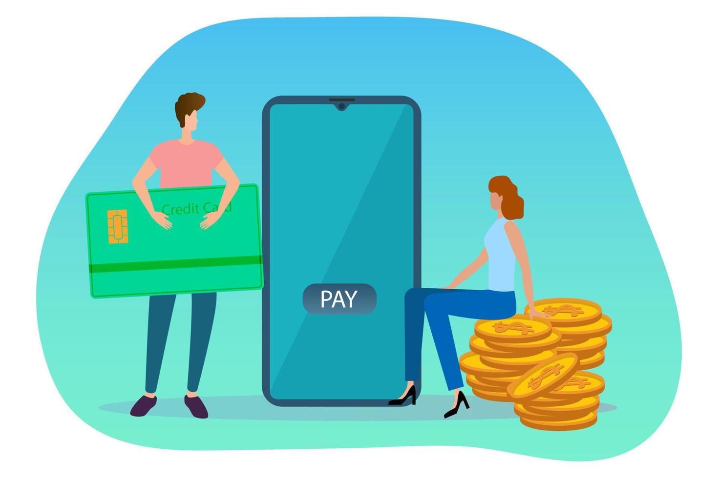 Flat vector illustration.People make money transfers using their mobile phone. The concept of online transfers.