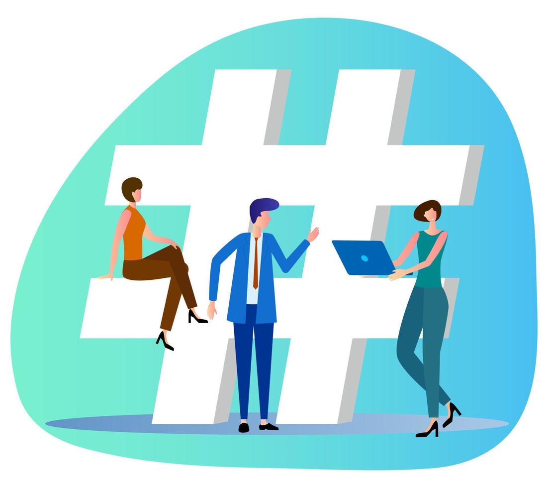 Bloggers with a laptop. The concept of hashtag and social networks.Flat vector illustration for banner poster and app.