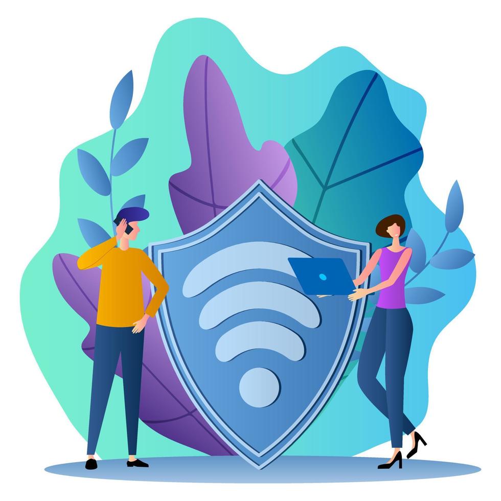Secure Wi-Fi.People stand near a shield with the Wi-Fi logo.Flat vector illustration in a modern style.