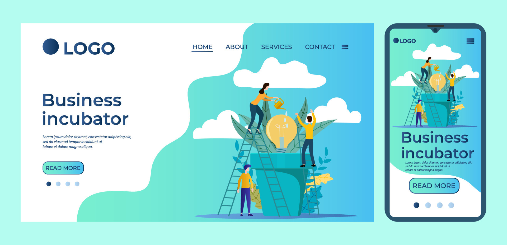 Business incubator.Template for the user interface of the website's