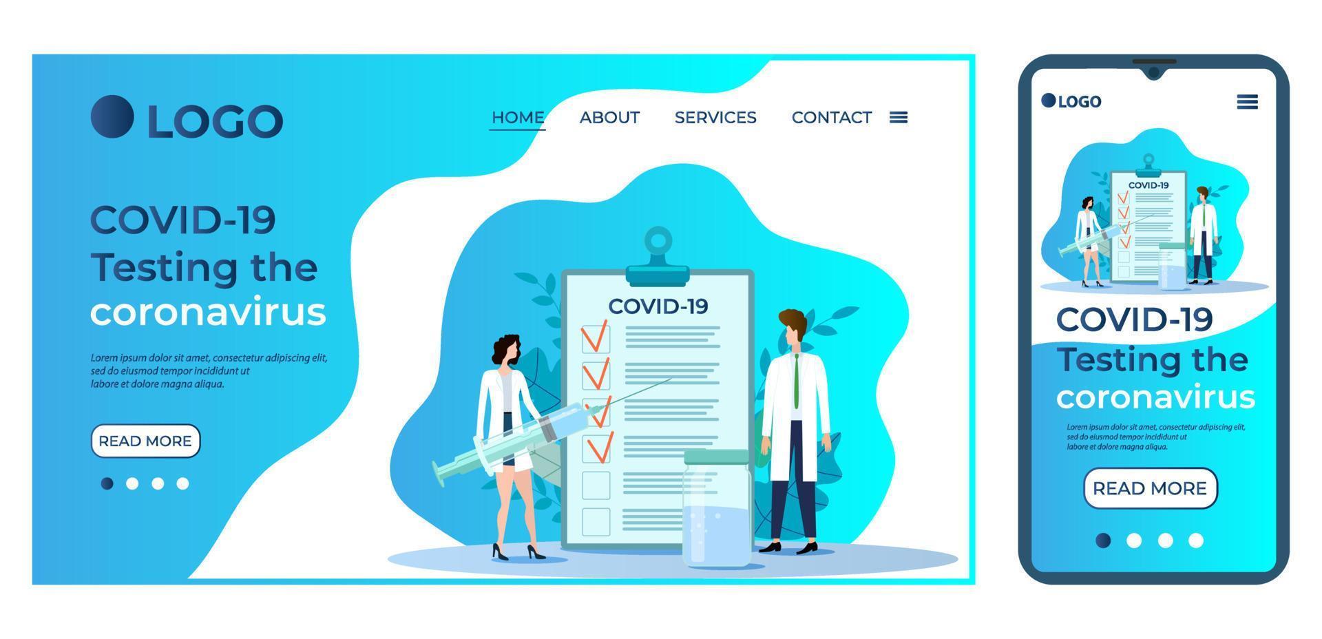 Testing the covid-19 coronavirus.Template for the user interface of the website's home page.Landing page template.The adaptive design of the smartphone.vector illustration. vector