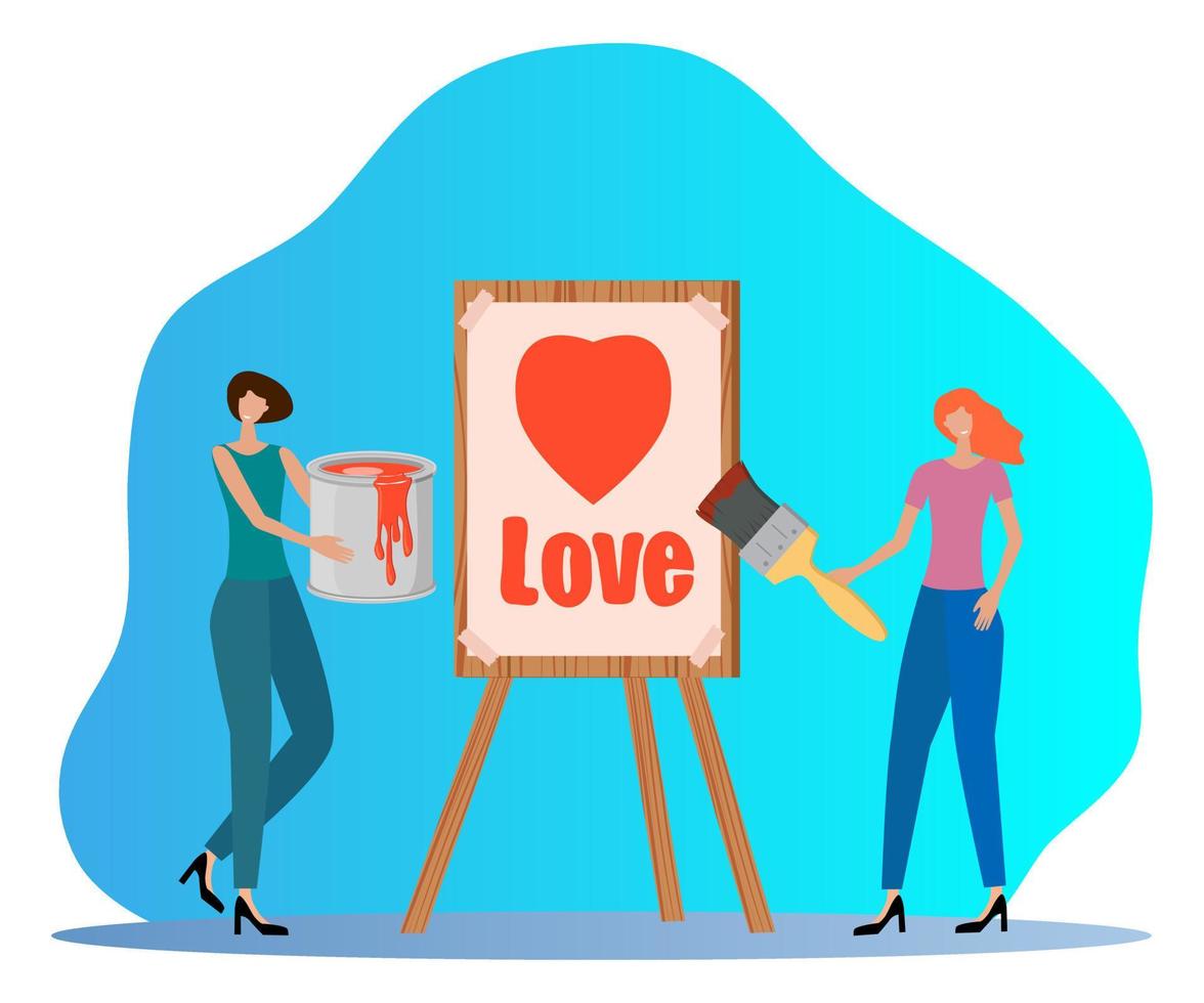 People draw hearts.The concept of love, friendship and affection.Flat vector illustration.