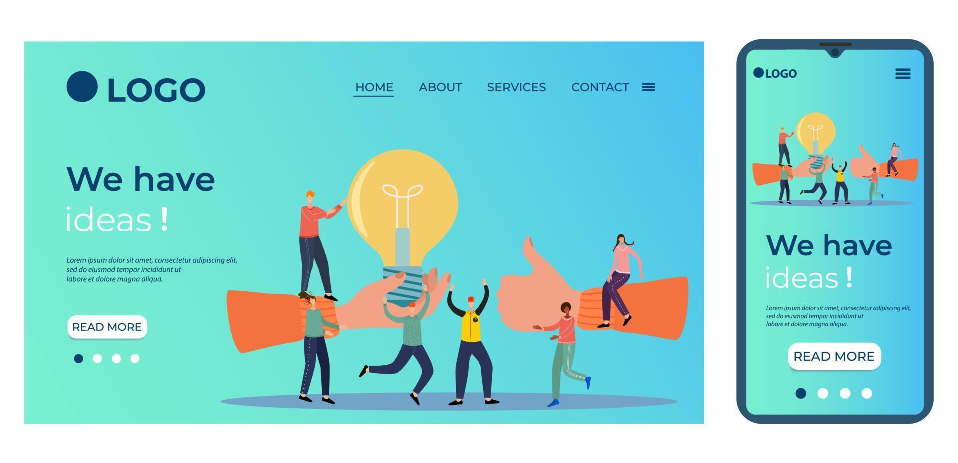 We have ideas.People hold a light bulb in their hands.Template for the user interface of the site's home page.Landing page template.The adaptive design of the smartphone.vector illustration. vector