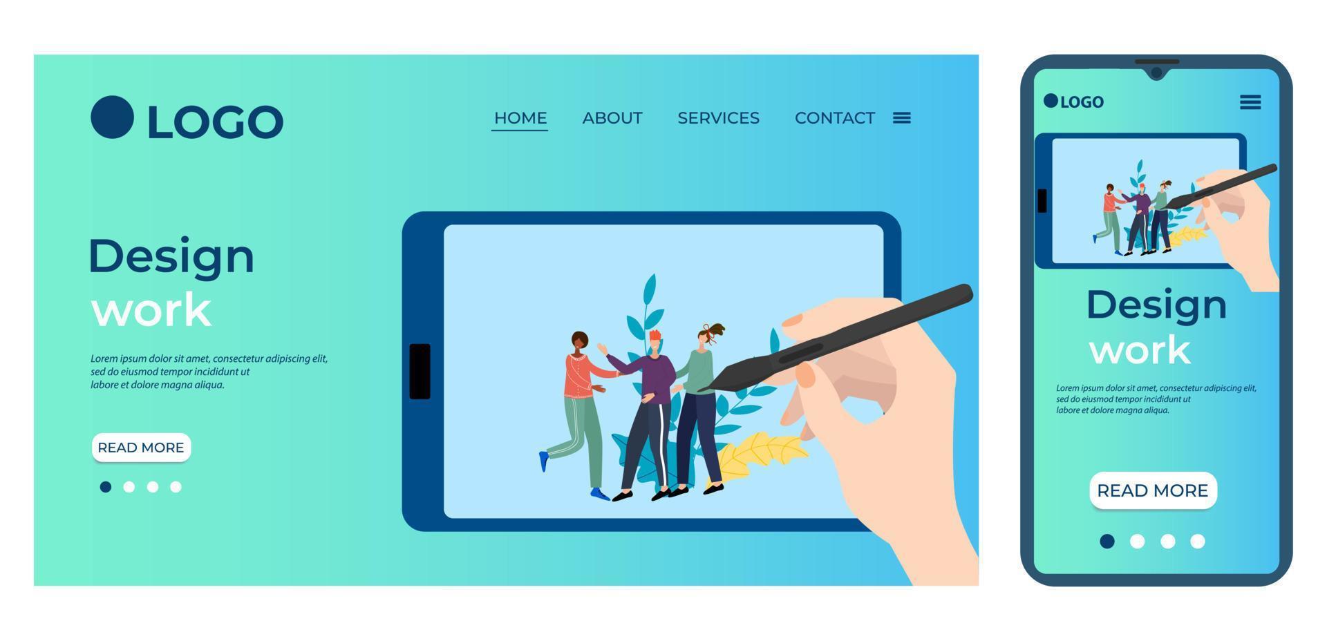 Design work.The designer draws on a tablet..Template for the user interface of the website's home page.Landing page template.The adaptive design of the smartphone.vector illustration. vector