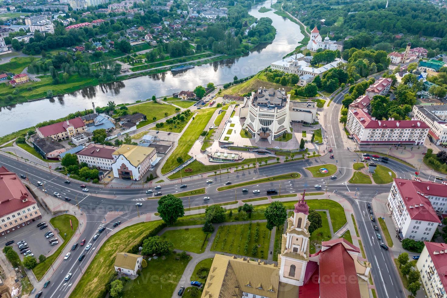 aerial view of road junction with heavy traffic at city photo