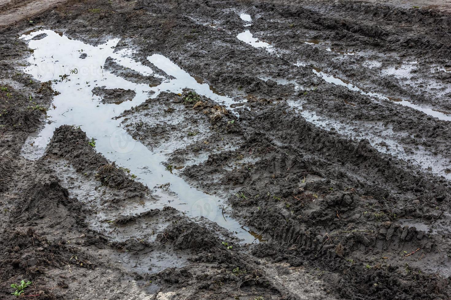 un camino rural roto después de la lluvia. charcos después de la lluvia en un camino de tierra. arcilla, suelo y charcos a la luz del día nublado después de la lluvia, temporada de otoño. foto