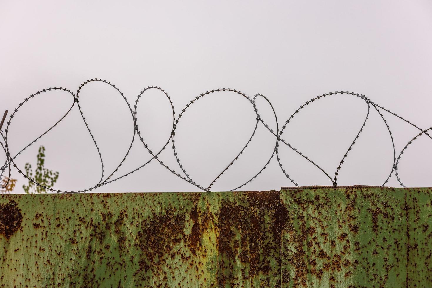 flat rusted sheet metal fence with peeled off green paint and barbed wire on top of it photo