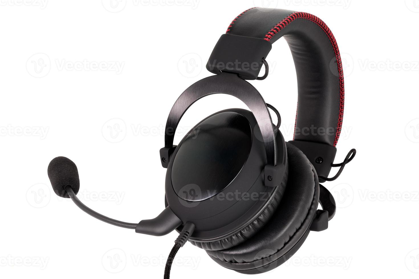 close view of wired black gaming headphones with microphone isolated on white photo