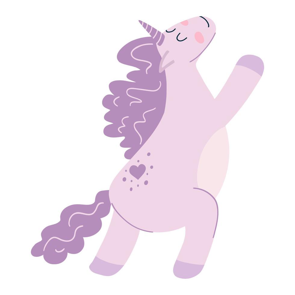 lindo unicornio en estilo plano de dibujos animados. ilustración vectorial de caballo bebé, animal pony en color púrpura para estampado de tela, ropa, diseño textil para niños, tarjeta vector