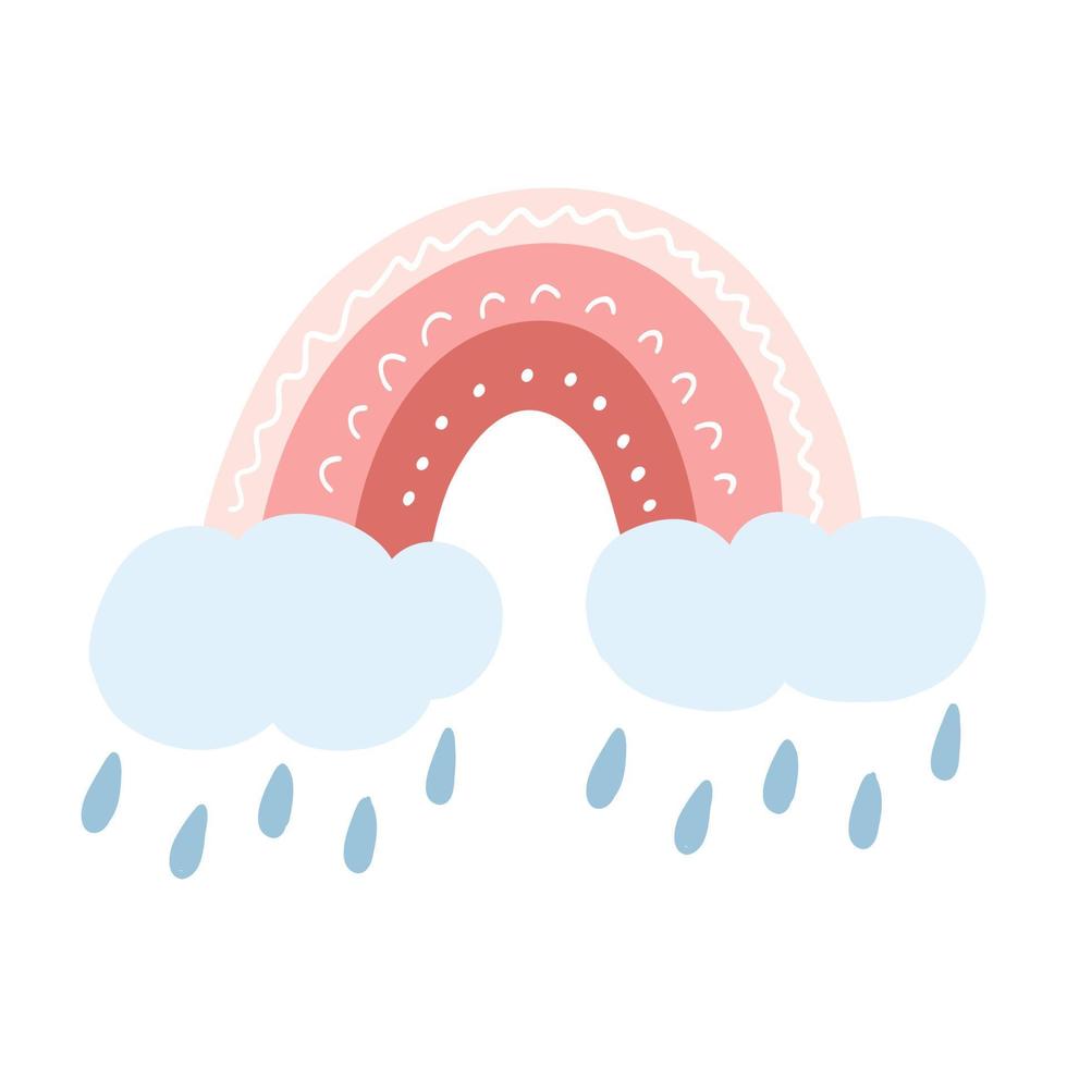 Arco iris de dibujos animados lindo dibujado a mano con nubes y gotas de lluvia. ilustración vectorial del arco iris escandinavo moderno, elemento de diseño infantil para póster, impresión de tela, tarjeta, ropa infantil vector