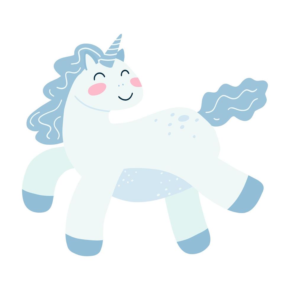 Cute unicorn in cartoon flat style. Vector illustration of baby horse, pony animal in blue color for fabric print, apparel, children textile design, card