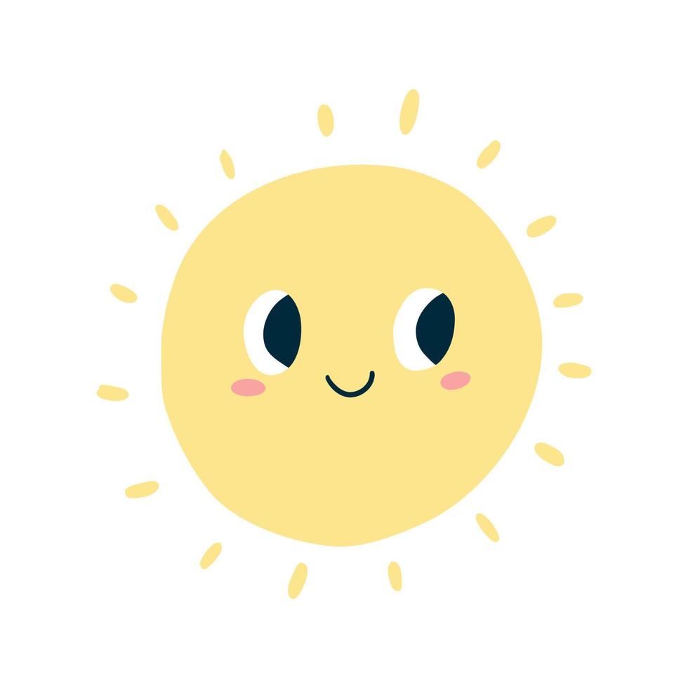 Cute kawaii sun in cartoon flat style. Vector illustration of kids sun icon with happy face for poster, fabric print, card, kids apparel