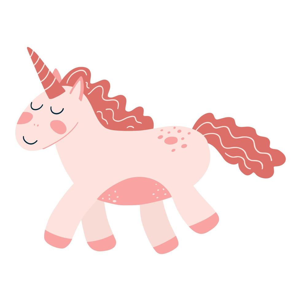 lindo unicornio en estilo plano de dibujos animados. ilustración vectorial de caballo bebé, animal pony en color rosa para estampado de tela, ropa, diseño textil infantil, tarjeta vector