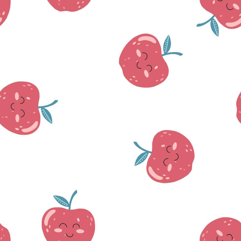 patrón sin costuras con linda fruta kawaii de manzana con cara feliz en estilo plano. ilustración vectorial dibujada a mano de fondo de dibujos animados para niños para papel de envolver, impresión de tela, cubierta, diseño de tarjeta vector