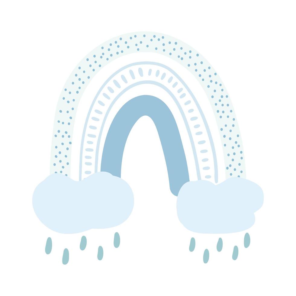 Hand drawn cute cartoon rainbow with cloud and raindrops. Vector illustration of modern scandinavian rainbow, kids design element for poster, fabric print, card, kids apparel