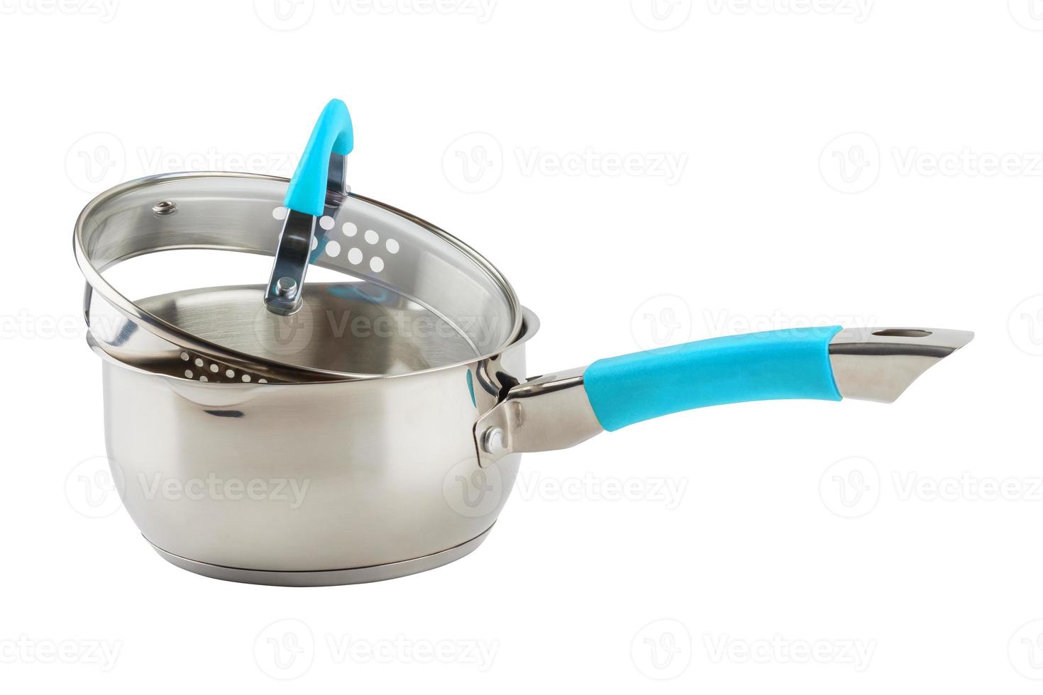 small shiny stainless steel pot with cyan handle and glass lid - isolated on white photo