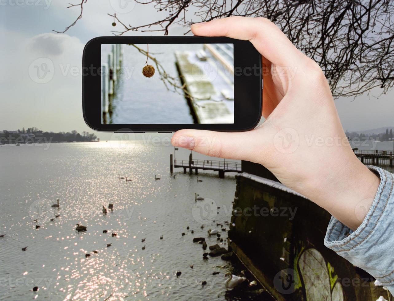 tourist taking photo of Lake Geneva in winter