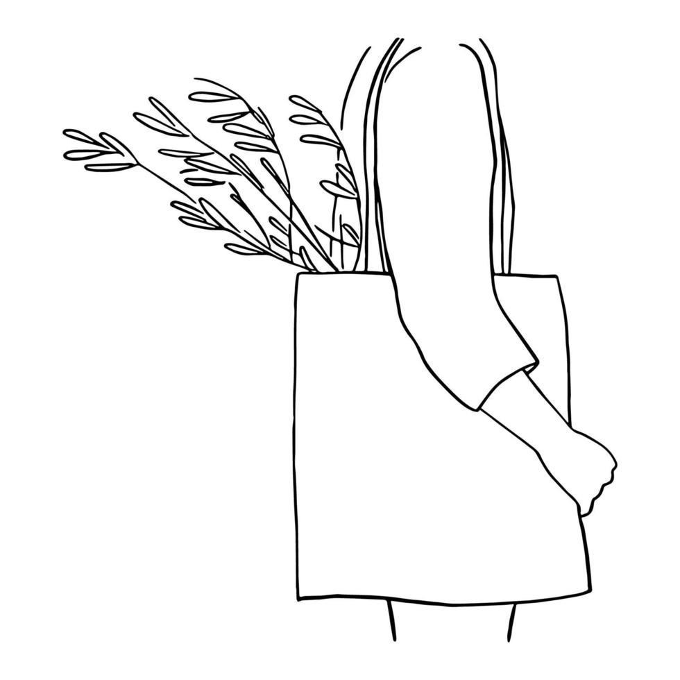 Line art minimal of people with organic flower bag in hand drawn concept for decoration, doodle style vector