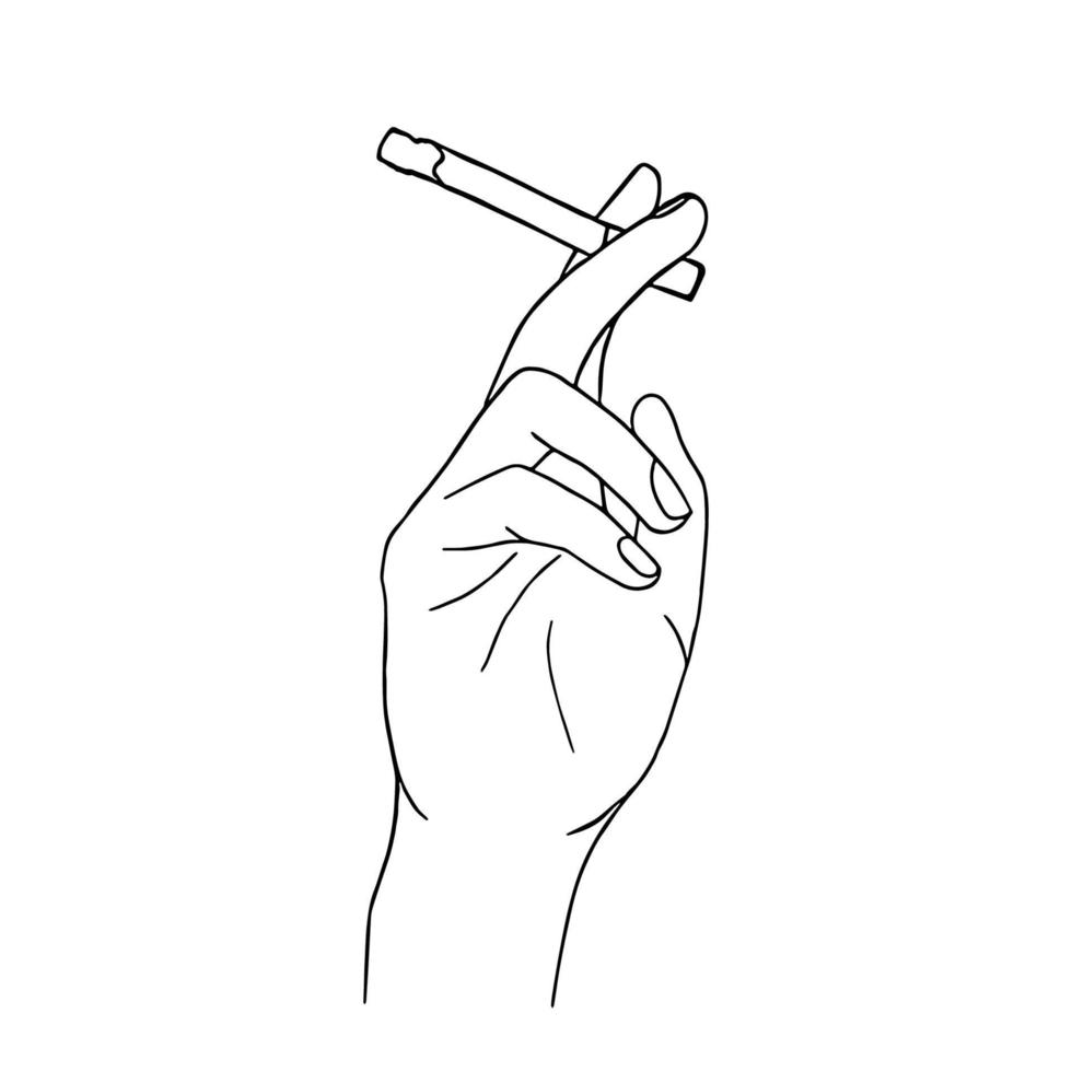 arte lineal mínimo de mano sosteniendo un cigarrillo en un concepto dibujado a mano para la decoración, estilo garabato vector