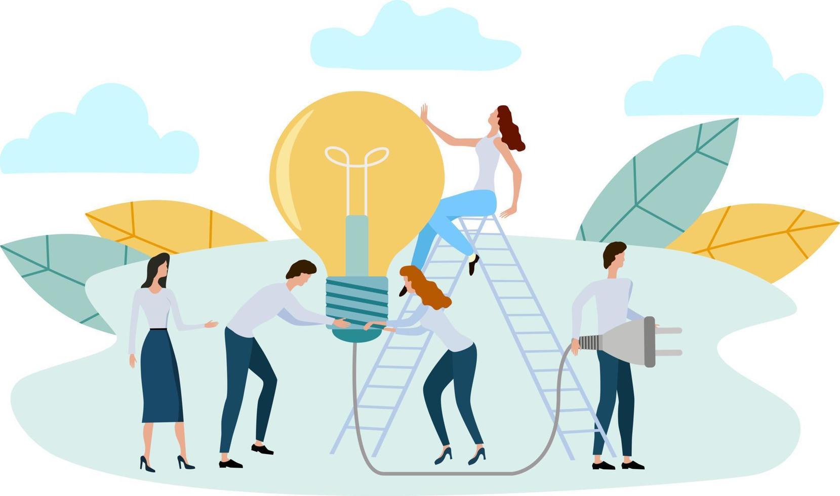 Vector illustration.Little people with a big light bulb.The concept of achieving a goal, brainstorming, birth of ideas for business.