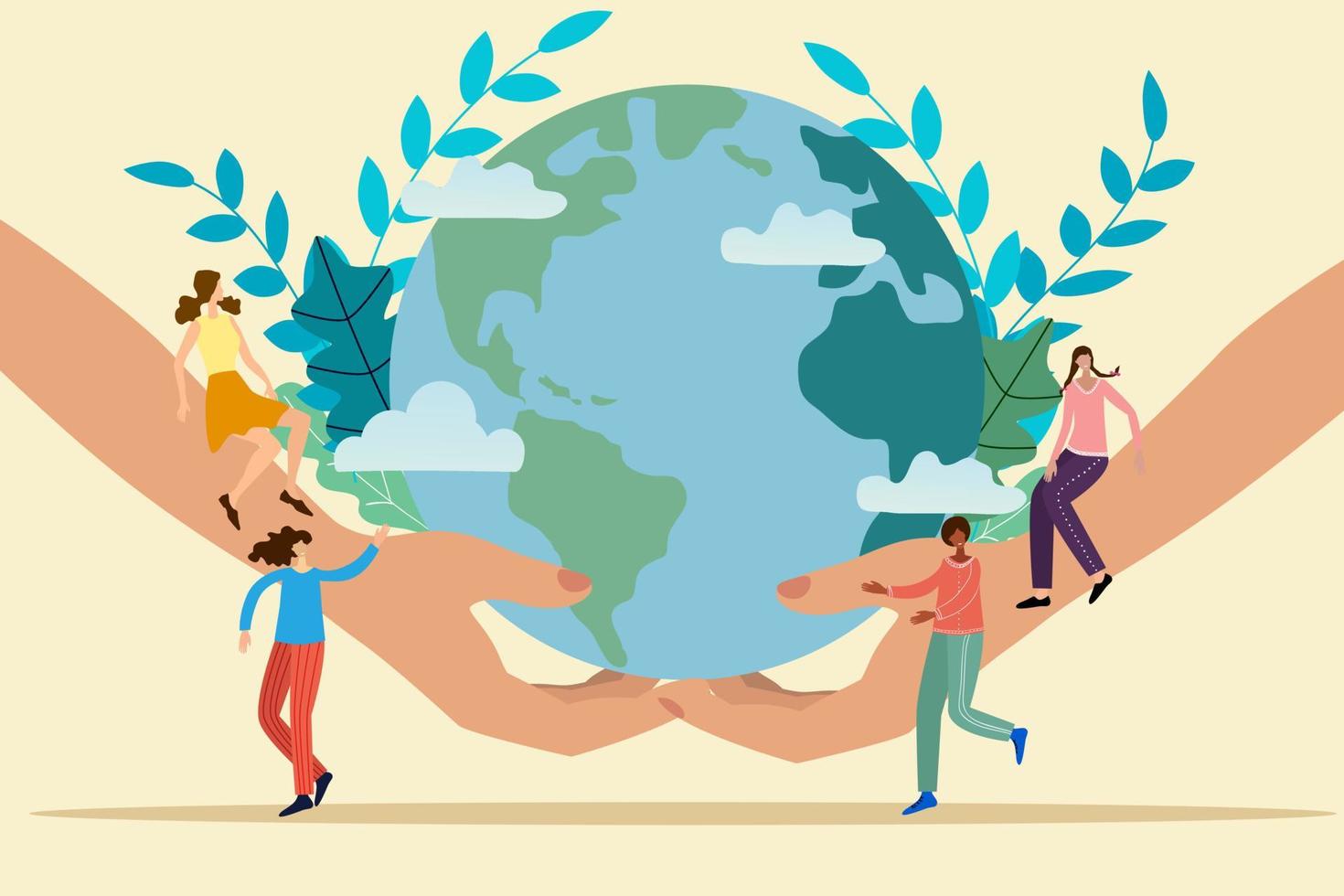 Vector illustration.Nice people are engaged in the protection of the earth.in the background, two large hands and a globe.