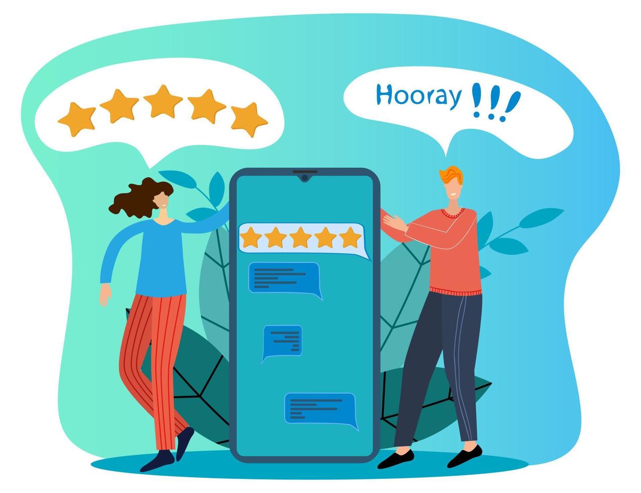 Flat vector illustration.Two young businessmen, a man and a woman, enjoy the high rating of the app on their smartphone.You can use it for a poster,banner, or web site.