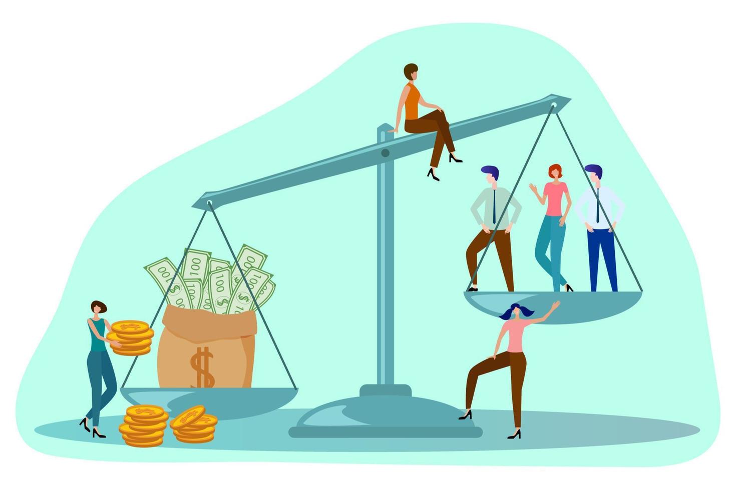 A group of people on the scales are engaged in weighing. The concept of the cost of services and business expenses .Flat vector illustration.